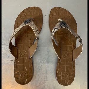 TORY BURCH Snakeskin Print Flip-Flops, Size 7